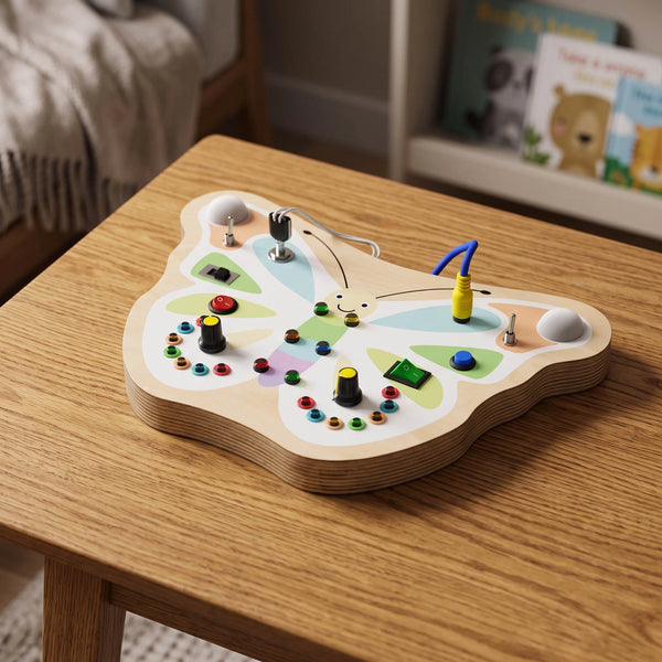 Butterfly Busy Board by Eduplay – builds cause-and-effect understanding and fine motor skills