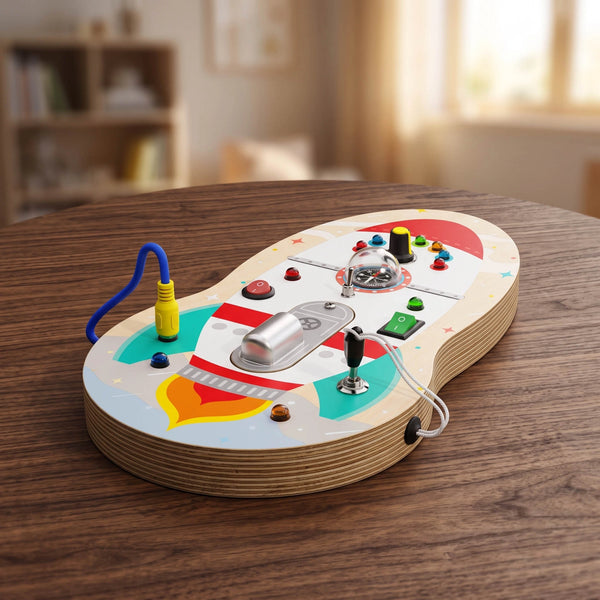 Rocket Busy Board by Eduplay – builds cause-and-effect understanding and fine motor skills
