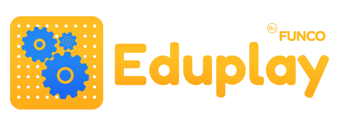 A logo-style graphic on a white background with a yellow square icon containing blue gears on the left, the word 'Eduplay' in large yellow lowercase letters, and 'By FUNCO' 
